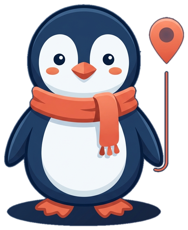 Mascotte Pinggle, un pingouin avec une écharpe corail et un pin de localisation